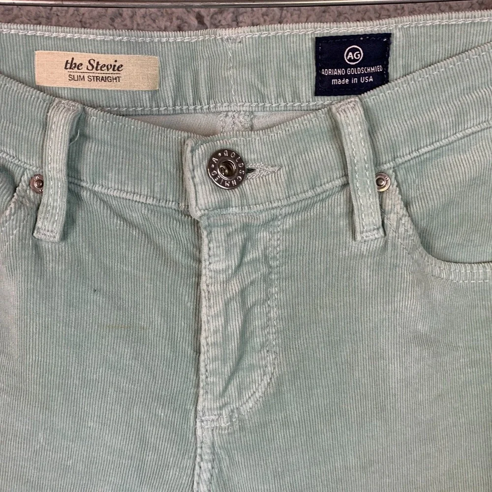 AG Adriano Goldschmied Pants 27 R  Stevie Slim Straight Corduroy‎ Mint Green